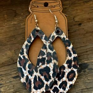 Leopard print cork and leather teardrop earrings